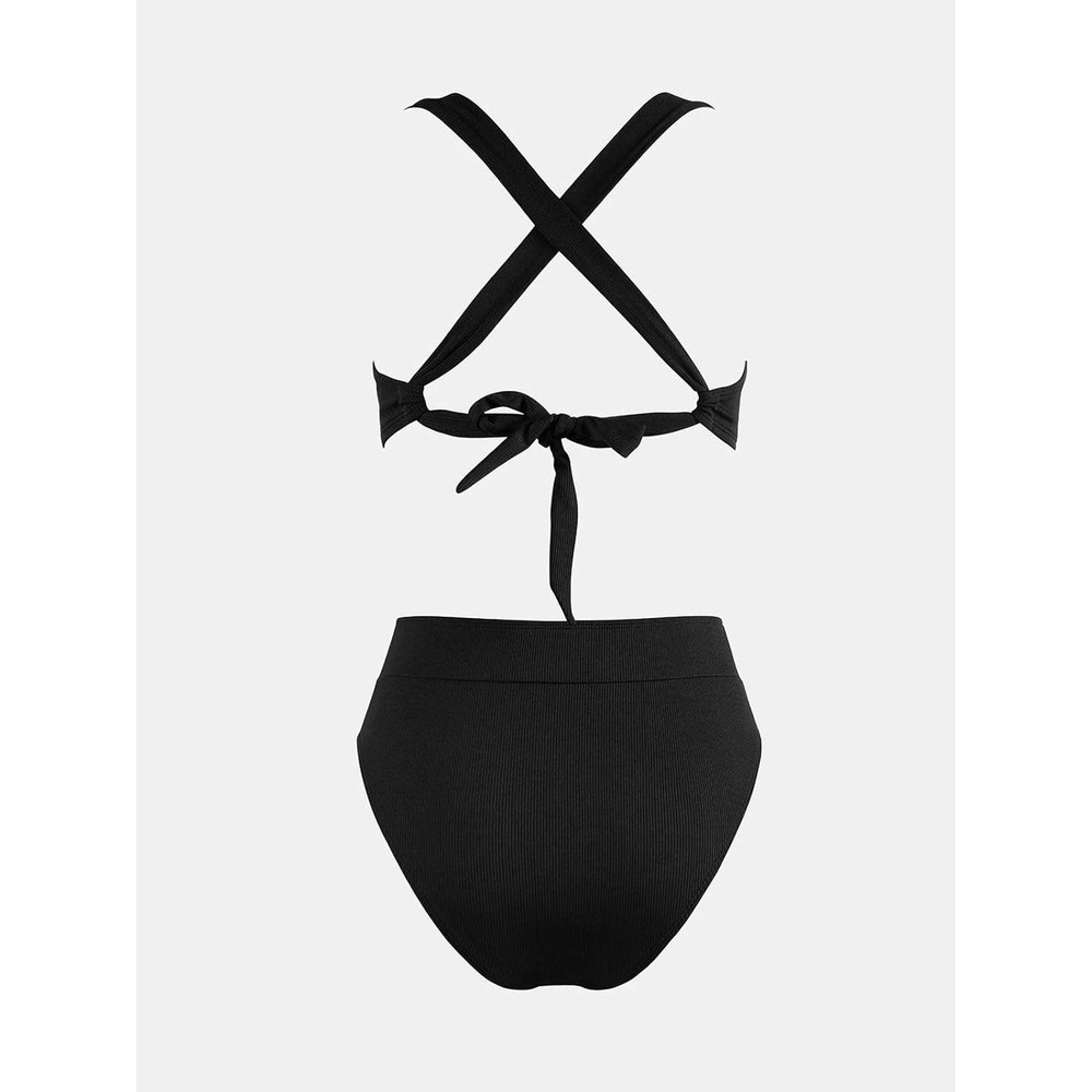 CUPSHE Bikini Swimsuit High Waist Molded Cups cross back Tie Black Size Medium - Picture 5 of 8